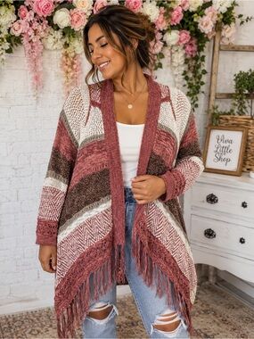 Maurices XL Boho Fringe Knit Cardigan | Draped Open Front | Ramie Cotton